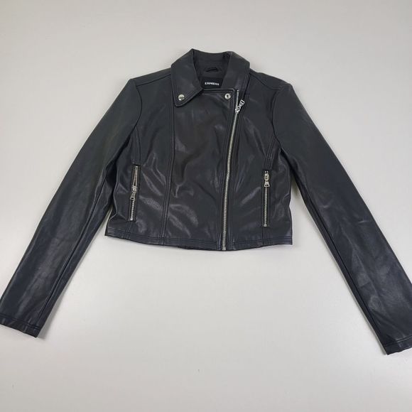 Express Jackets & Blazers - Vtg Y2K Express Black Faux Leather Moto Jacket Full Zip Collared sz Small P S/P